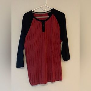 Male red and black striped baseball tee
